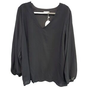 Qearal Womens Top Black Size XL Bishop Sleeve Lined Boho Tunic V Neck Blouse NWT